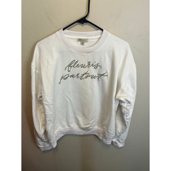 Albion Fit XL White Crewneck Sweatshirt French Embroidery Cotton Top - Picture 4 of 8